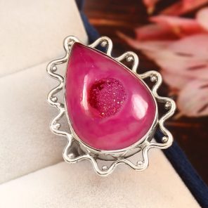 Pink Agate Druzy Size US 6 925 Sterling Silver Ring (REXT19-2)