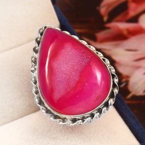 Pink Agate Druzy Size US 7 925 Sterling Silver Ring (REXT19-15)