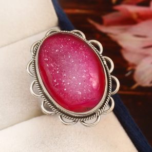 Pink Agate Druzy Size US 11 925 Sterling Silver Ring (REXT19-22)