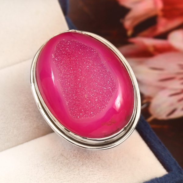 Pink Agate Druzy Size US 11 925 Sterling Silver Ring (REXT19-23)