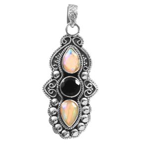 Black Onyx & Opal 2" 925 Sterling Silver Pendant (REXT42-97)