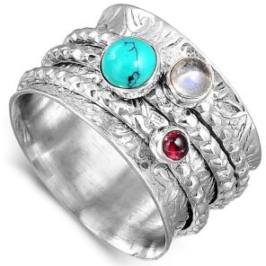 Multi Gemstone Meditation Spinner 925 Sterling Silver Ring (REXT3-17)