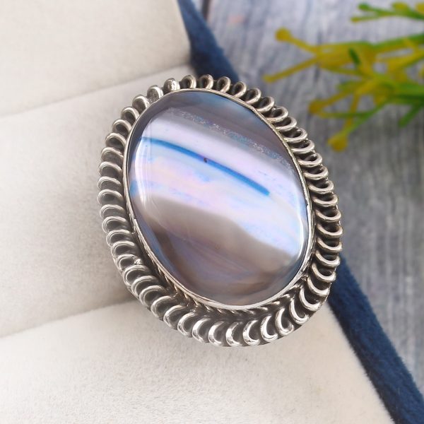 Blue Botswana Agate Size US 8 925 Sterling Silver Ring (REXT44-55)
