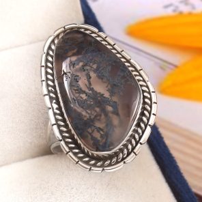 Moss Agate Size US 12 925 Sterling Silver Ring (REXT44-68)
