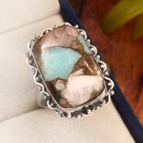 Amazonite Infused Pink Opal Size US 12 925 Sterling Silver Ring (REXT44-154)