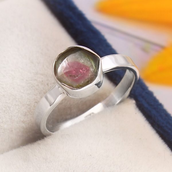 Watermelon Tourmaline Size US 5 925 Sterling Silver Ring (REXT24-72)