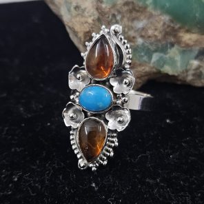 Sleeping Beauty Turquoise & Amber Southwest Style 925 Silver Ring (REXT65-4)