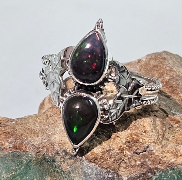 Double Black Opal 925 Sterling Silver Ring (REXT78-18) - Image 2
