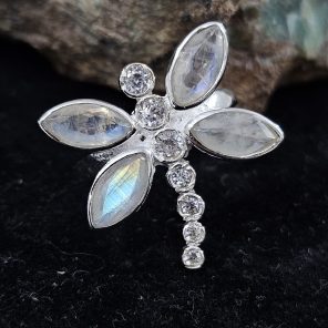 Rainbow Moonstone & Cz. Dragonfly 925 Sterling Silver Ring (RS58-12)