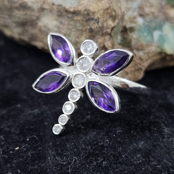 Amethyst & Cz. Dragonfly 925 Sterling Silver Ring (RS58-8) - Image 2