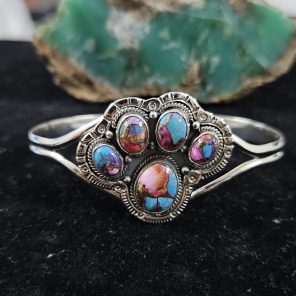 Pink Dahlia Turquoise Dog Paw 925 Sterling Silver Bangle Cuff (RS112-112)