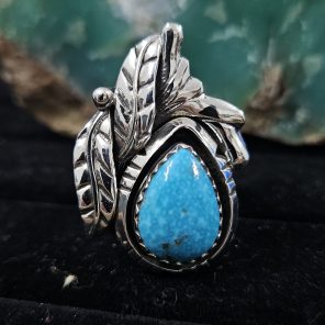 Kingman Turquoise Southwest Feather 925 Sterling Silver Ring (REXT70-12)