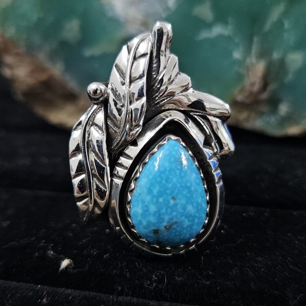 Kingman Turquoise Southwest Feather 925 Sterling Silver Ring (REXT70-12)