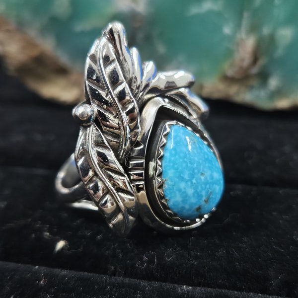 Kingman Turquoise Southwest Feather 925 Sterling Silver Ring (REXT70-12) - Image 3
