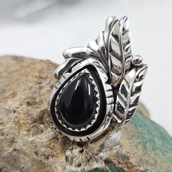 Black Onyx Southwest Feather 925 Sterling Silver Ring (REXT70-10) - Image 3