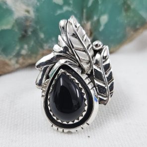 Black Onyx Southwest Feather 925 Sterling Silver Ring (REXT70-10)