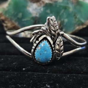 Kingman Turquoise Southwest Feather 925 Sterling Silver Bangle Cuff (REXT70-4)