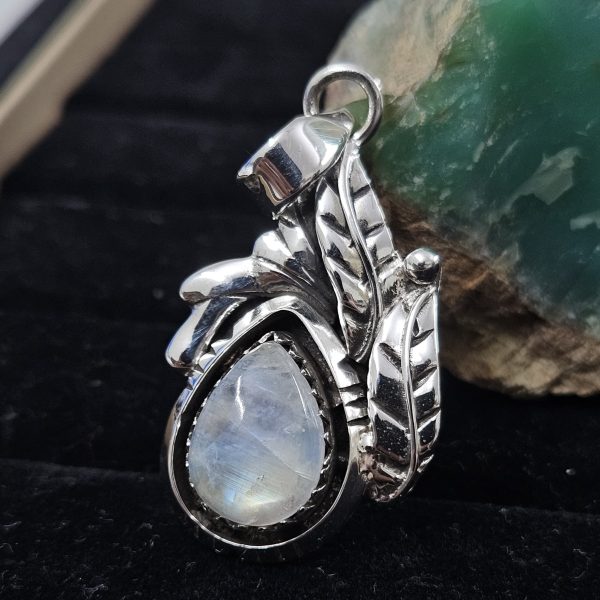 Rainbow Moonstone Southwest Feather 925 Sterling Silver Pendant (REXT70-6) - Image 3