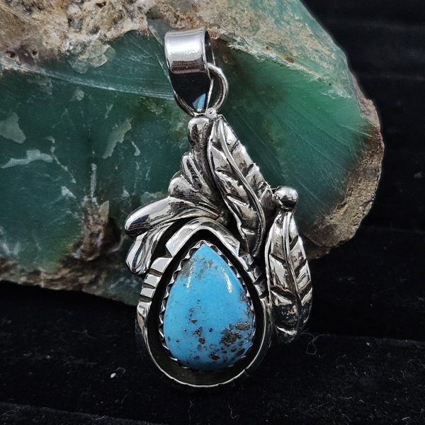 Kingman Turquoise Southwest Feather 925 Sterling Silver Pendant (REXT70-5) - Image 2