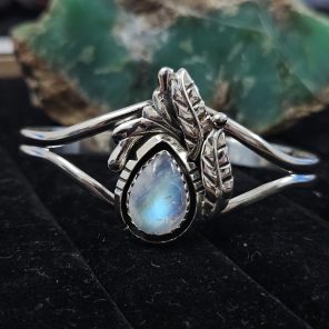 Rainbow Moonstone Southwest Feather 925 Sterling Silver Bangle Cuff (REXT70-3)