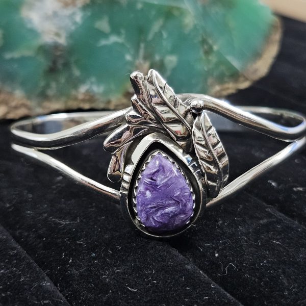 Charoite Southwest Feather 925 Sterling Silver Bangle Cuff (REXT70-2)