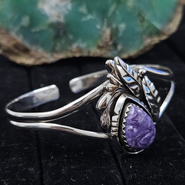 Charoite Southwest Feather 925 Sterling Silver Bangle Cuff (REXT70-2) - Image 3