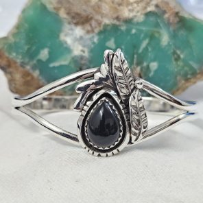 Black Onyx Southwest Feather 925 Sterling Silver Bangle Cuff (REXT70-1)