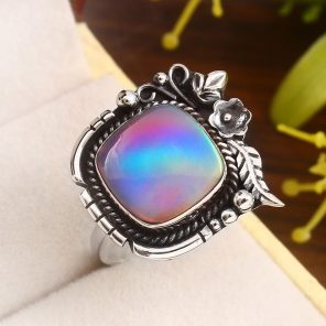 Aurora Opal Size US 9 925 Sterling Silver Ring (REXT27-21)