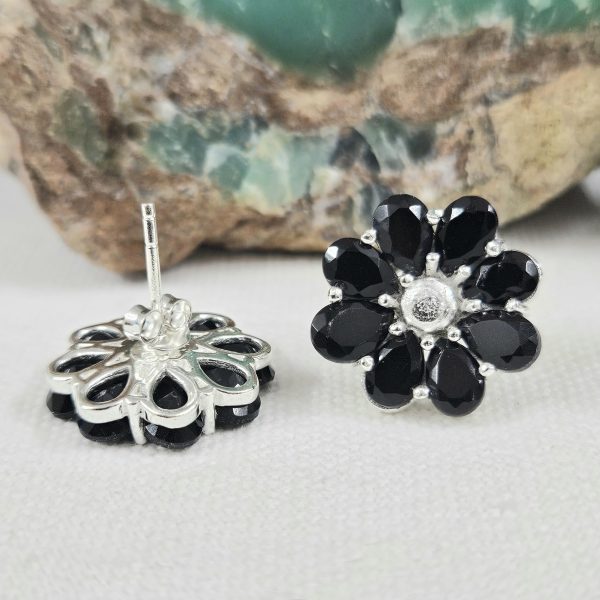 Black Onyx Flower Cluster 925 Sterling Silver Stud Earring (REXT49-306) - Image 2