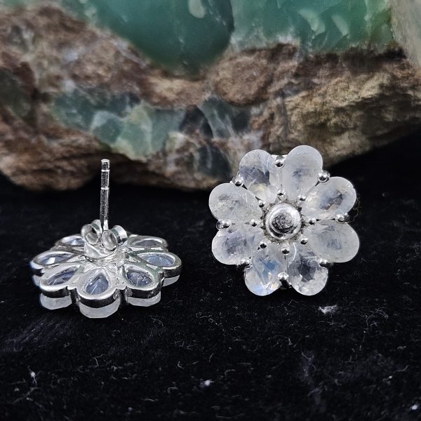 Rainbow Moonstone Flower Cluster 925 Sterling Silver Stud Earring (REXT49-308) - Image 2
