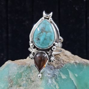 Arizona Turquoise & Amber Southwestern 925 Silver Ring (REXT31-8)