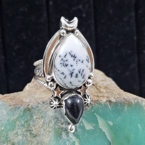 Dendritic Opal & Black Onyx Southwestern 925 Silver Ring (REXT31-7)
