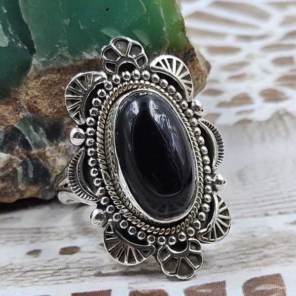 Black Onyx 925 Sterling Silver Ring (REXT68-3)
