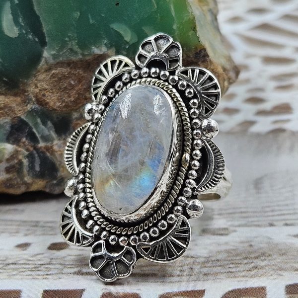 Rainbow Moonstone 925 Sterling Silver Ring (REXT68-2)