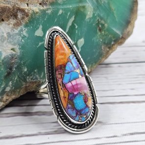 Pink Dahlia Turquoise Southwest Style 925 Silver Ring (REXT15-48)