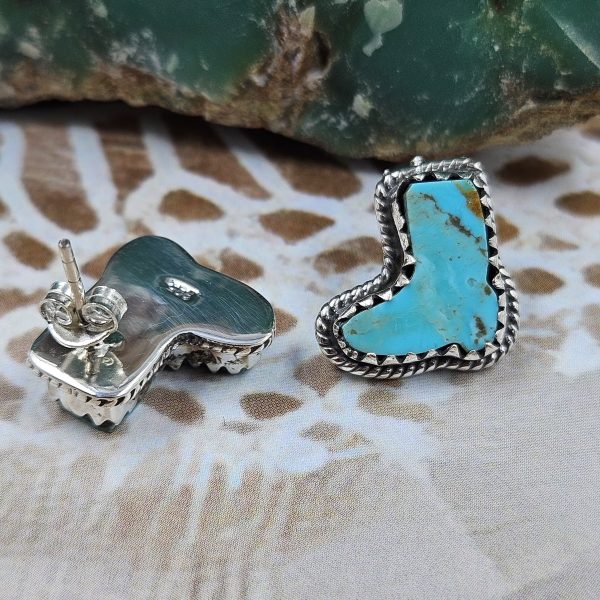 Mohave Turquoise Southwest Cowboy Boot 925 Sterling Silver Stud Earring (REXT48-17) - Image 2