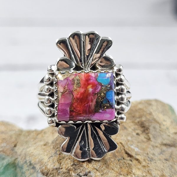 Pink Dahlia Turquoise Southwest Style 925 Silver Ring (REXT39-19)