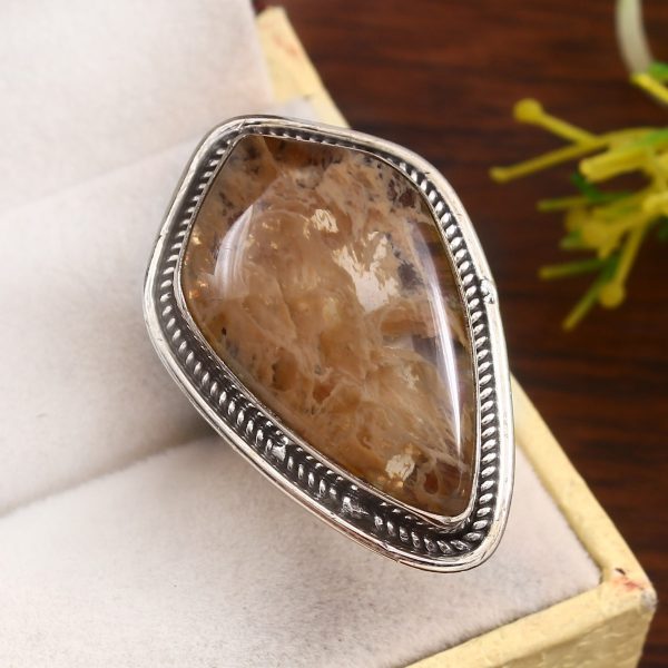 Yellow Moss Agate Size US 8 925 Sterling Silver Ring (RS22-126)
