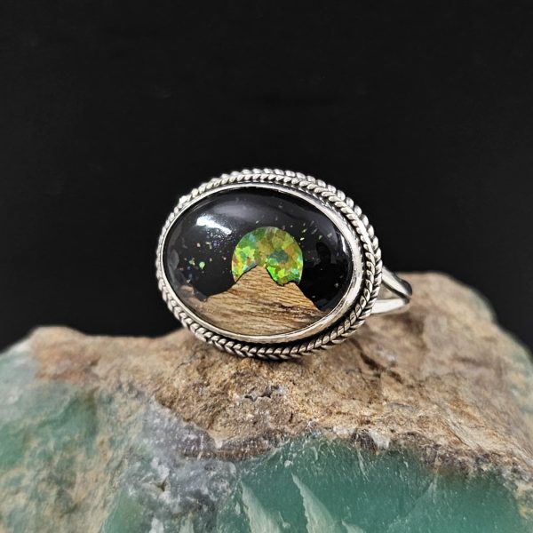 Aurora Opal & Wood Mountain 925 Silver Ring (REXT62-134)