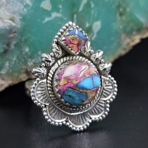 Pink Dahlia Turquoise 925 Sterling Silver Ring (RS45-9)
