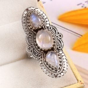 Rainbow Moonstone Size US 7 925 Sterling Silver Ring (REXT51-72)