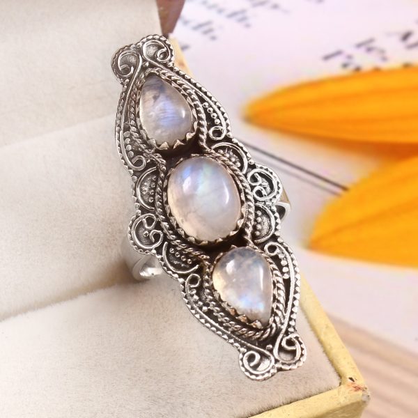 Rainbow Moonstone Size US 7 925 Sterling Silver Ring (REXT51-73)