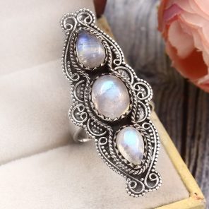Rainbow Moonstone Size US 9 925 Sterling Silver Ring (REXT51-80)