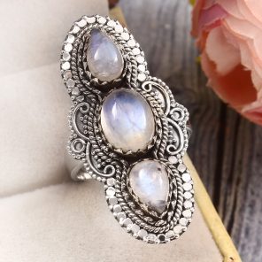 Rainbow Moonstone Size US 9 925 Sterling Silver Ring (REXT51-81)