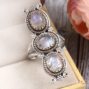 Rainbow Moonstone Size US 9 925 Sterling Silver Ring (REXT51-82)