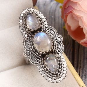 Rainbow Moonstone Size US 8 925 Sterling Silver Ring (REXT51-76)