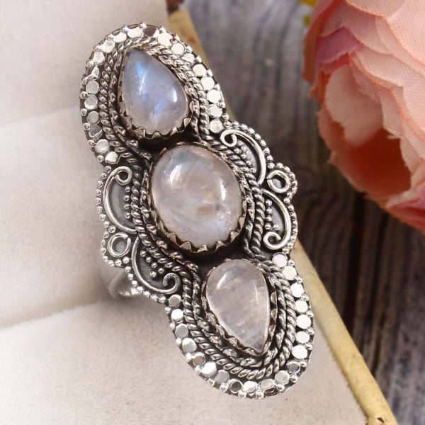 Rainbow Moonstone Size US 8 925 Sterling Silver Ring (REXT51-77)