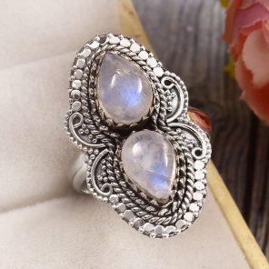 Rainbow Moonstone Size US 9 925 Sterling Silver Ring (REXT51-85)