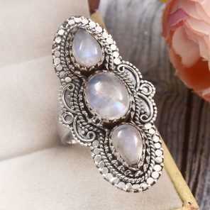 Rainbow Moonstone Size US 9 925 Sterling Silver Ring (REXT51-84)