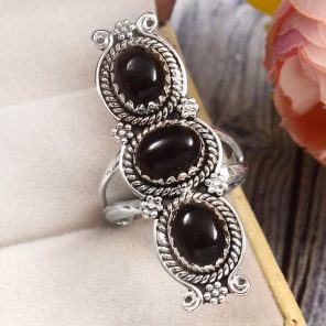 Black Onyx Size US 9 925 Sterling Silver Ring (REXT51-110)